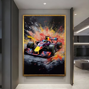 Arte mural de Fórmula 1, arte mural de coches deportivos, decoración de pared de oficina, arte mural de acuarela, impresión en lienzo, decoración de garaje, regalo para novio, regalo de arte mural