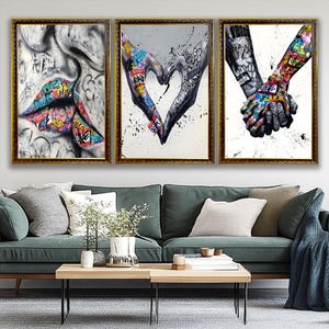 Banksy Set of 3 Canvas Love and Kissing Art Gift for Lover, Famous Mural Quote, Heart Graffiti Art Valentines Wall Art, Set of 3 Wall Art