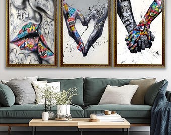 Banksy Set of 3 Canvas Love and Kissing Art Gift for Lover, Famous Mural Quote, Heart Graffiti Art Valentines Wall Art, Set of 3 Wall Art