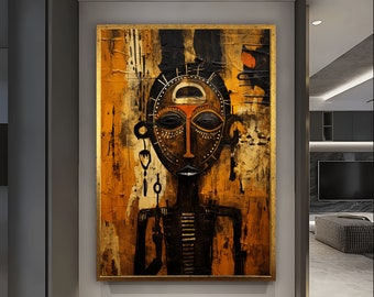 May include: Abstract painting of a stylized human face with geometric patterns in black, white, orange, and red on a gold background.