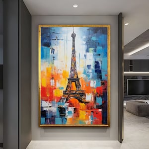 Pintura abstracta de la Torre Eiffel de París, Lienzo de la Torre Eiffel, Arte abstracto de la pared de la Torre Eiffel, Decoración de la pared de la oficina, Decoración de la pared de la cultura francesa