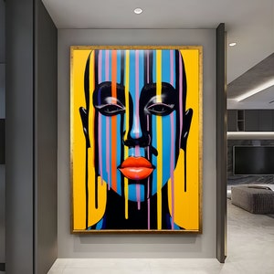 A woman&#39;s face with colors flowing from her face, Oil painting effect wall art, Abstract human Face, Abstract themed Wall Decor, framed art