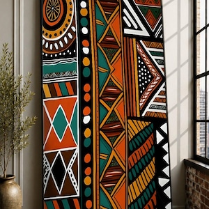 Abstrakt afrikansk inramad canvastavla, etnisk tribal dekor, modern geometrisk stor texturerad konstverk bild 1