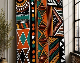 May include: A large rectangular wall art piece featuring a vertical composition of geometric patterns in black, white, orange, brown, and teal. The design includes circular motifs, diamond shapes, stripes, and triangles arranged in distinct panels.