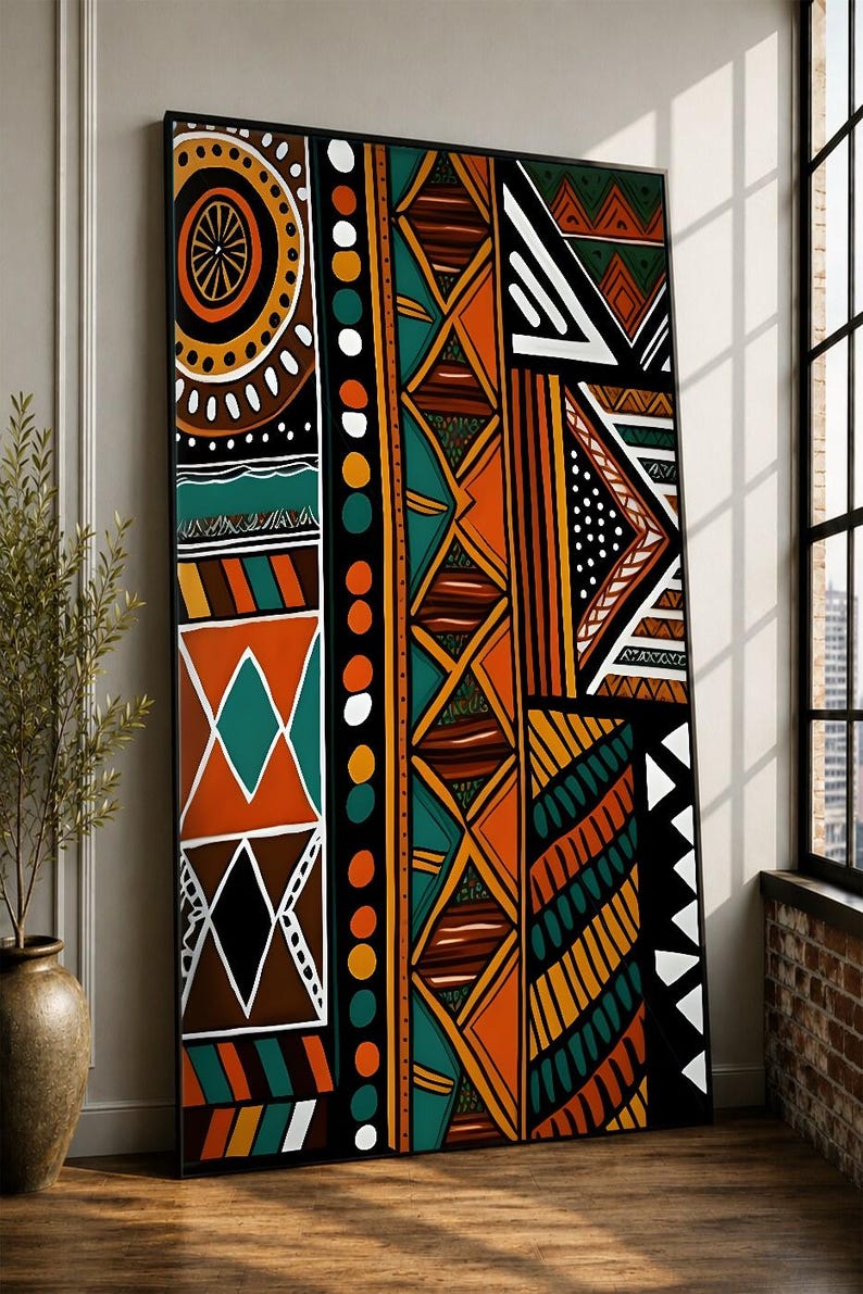 Abstrakt afrikansk inramad canvastavla, etnisk tribal dekor, modern geometrisk stor texturerad konstverk bild 1