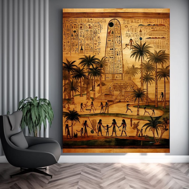 Puede incluir: Una ilustraci&oacute;n de estilo vintage de una escena del antiguo Egipto. La imagen representa una estructura alta y estrecha con jerogl&iacute;ficos, rodeada de palmeras y figuras de personas. La escena est&aacute; pintada en tonos marrones y beige, con toques de verde y azul.