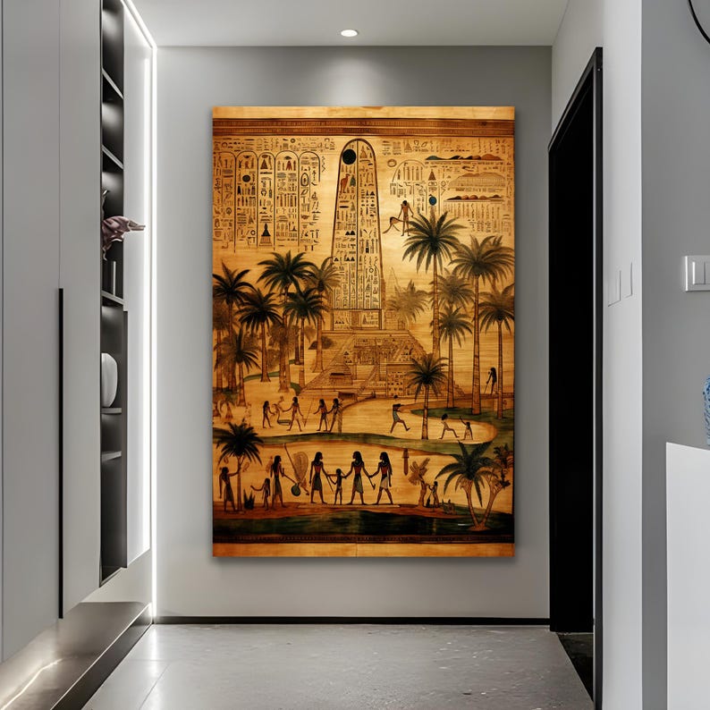 Puede incluir: Una ilustraci&oacute;n de estilo vintage que representa una escena del antiguo Egipto. La imagen presenta un alto obelisco con jerogl&iacute;ficos, palmeras y figuras con vestimenta tradicional. El fondo es de un color c&aacute;lido y arenoso.