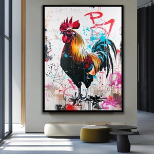 Rooster Painting Roosteer Decor Banksy Decoration Modern Unique Home Design Office Decoration Rooster Graffiti Farmhouse Gift Street Art image 3