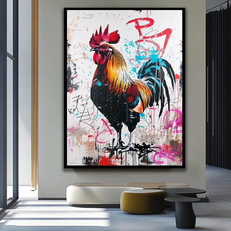 Rooster Painting Roosteer Decor Banksy Decoration Modern Unique Home Design Office Decoration Rooster Graffiti Farmhouse Gift Street Art image 3