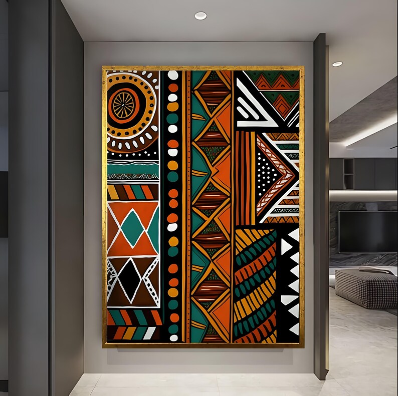 Abstrakt afrikansk inramad canvastavla, etnisk tribal dekor, modern geometrisk stor texturerad konstverk bild 7