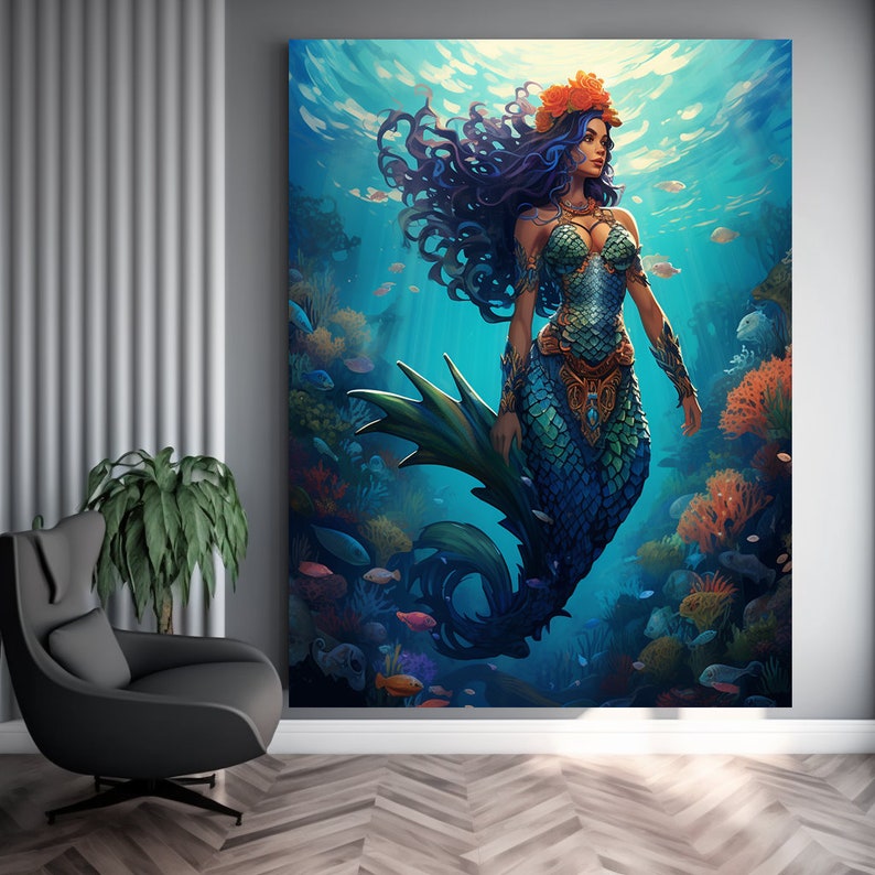 Puede incluir: Una sirena con el pelo largo azul y una corona de flores naranjas nada en un oc&eacute;ano azul con arrecifes de coral y peces.