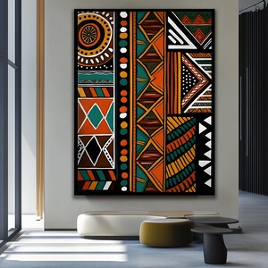 Abstrakt afrikansk inramad canvastavla, etnisk tribal dekor, modern geometrisk stor texturerad konstverk Black Frame