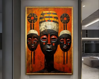 May include: A painting of three stylized African masks with geometric patterns in red, black, and white. The central mask is larger and has a crown-like headdress. The background is a vibrant orange.