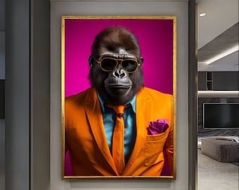 Gorilla kunst aan de muur, grappig decor gorilla, kunst aan de muur kinderkamer, portret gorilla, decor kinderkamer, kunst aan de muur cadeau, kunst print, klaar om op te hangen, cadeau