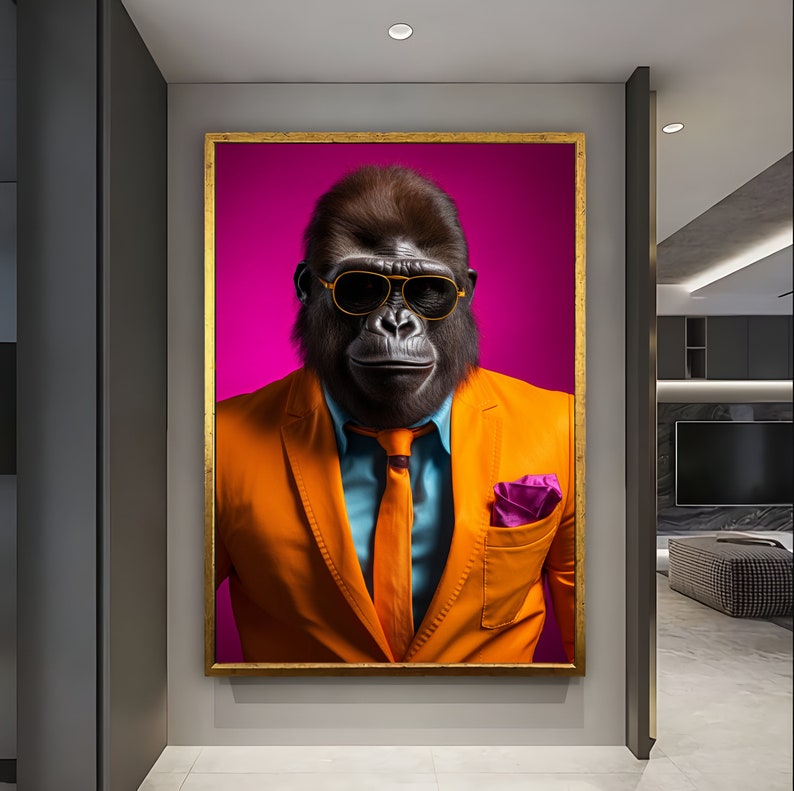 May include: A gorilla wearing sunglasses and a bright orange suit with a blue and orange tie and a pink pocket square. The gorilla is against a bright pink background.