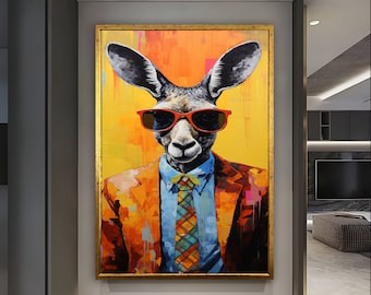 Känguru Wandkunst, Cooles Portrait eines Kängurus, Gut gekleidet Künstler Künstler Känguru Wand dekor, Tier Wandkunst, Pop Art, Comic Art Dekor, Wandkunst