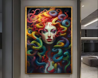 Puede incluir: Una pintura colorida de una mujer con serpientes como cabello. La mujer tiene el pelo rojo, los ojos verdes y los labios rojos. Las serpientes son de varios colores, incluyendo verde, amarillo y azul.