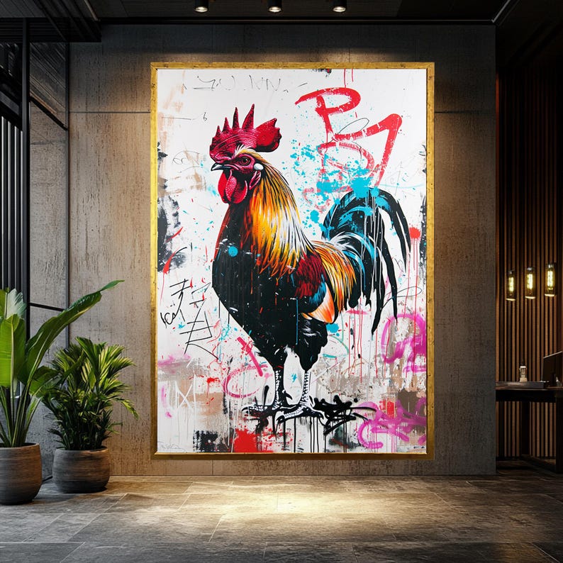 Rooster Painting Roosteer Decor Banksy Decoration Modern Unique Home Design Office Decoration Rooster Graffiti Farmhouse Gift Street Art image 5