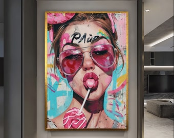 Lollipop Woman Wall Art, Lollipop Pop Art Canvas, LOVE Pop Art, Woman Pop Art, Graffiti Pop Art, Wall Art Pop Art, Gold Framed Canvas gift