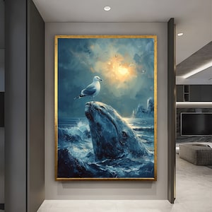Walfisch Dekor Ozean Kunst Möwen Kunst Landschaft Geschenk Aquarium Dekor Geschenk für Papa Große Leinwand Druck Ölgemälde großes Kunstwerk