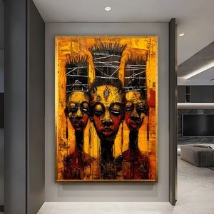 May include: A painting of three women with dark skin and elaborate hairstyles. The women are wearing traditional African clothing and jewelry. The painting is done in a bold, expressive style with vibrant colors.