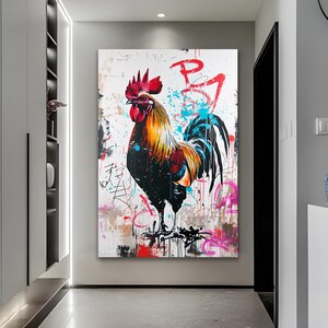 Rooster Painting Roosteer Decor Banksy Decoration Modern Unique Home Design Office Decoration Rooster Graffiti Farmhouse Gift Street Art image 6