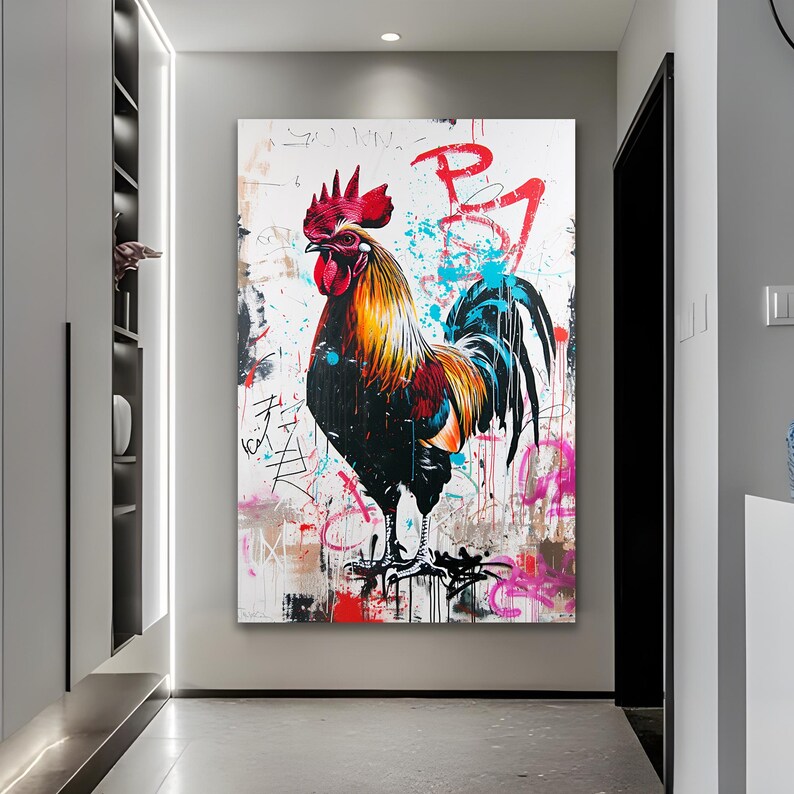 Rooster Painting Roosteer Decor Banksy Decoration Modern Unique Home Design Office Decoration Rooster Graffiti Farmhouse Gift Street Art image 6