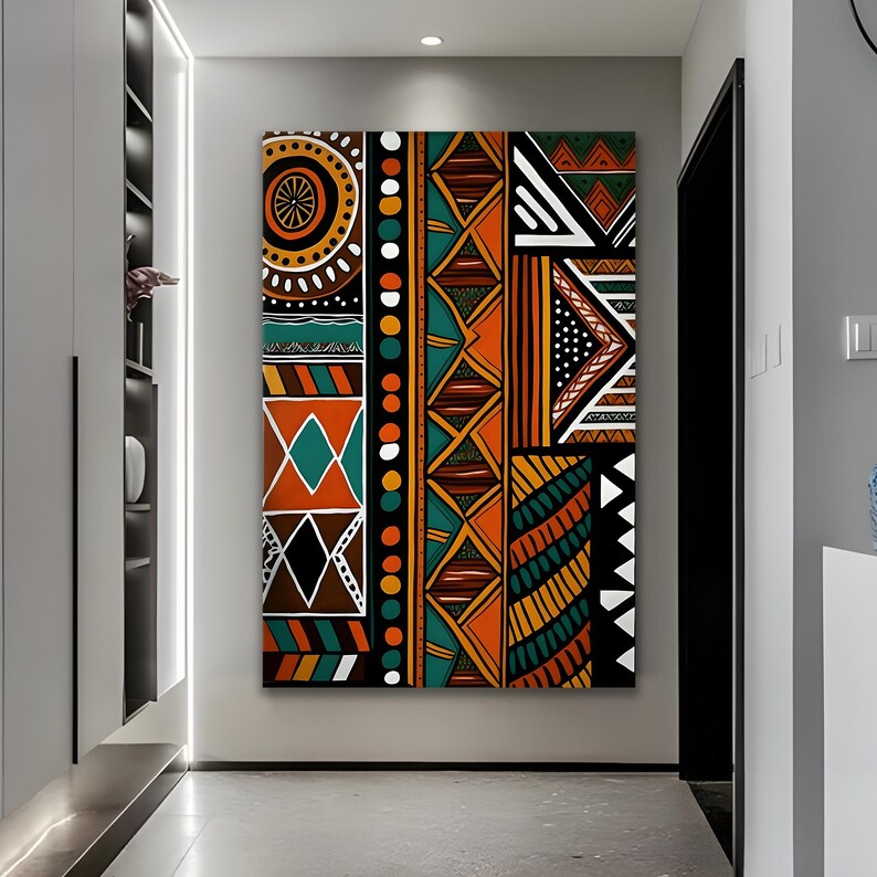 Abstrakt afrikansk inramad canvastavla, etnisk tribal dekor, modern geometrisk stor texturerad konstverk Streched Wood Canvas