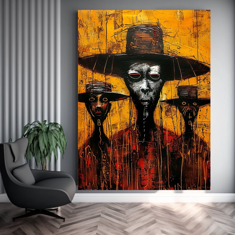 May include: A painting of three figures wearing large, wide-brimmed hats. The figures are painted in a stylized, abstract style with bold black outlines and a vibrant color palette of yellow, orange, red, and black.