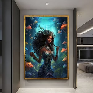 Afrikanische Meerjungfrau, Fische und schwarze Frau Meerjungfrau Leinwand Gemälde, Meerjungfrau Leinwand Gemälde, Sea Beauty Art, afrikanische Meerjungfrau Wandkunst, blaue Kunst