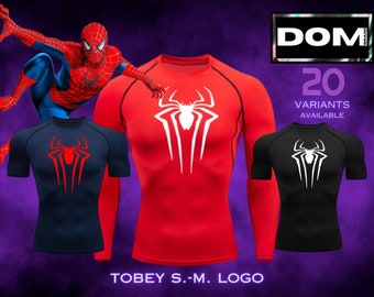 Spiderman Camiseta Manga Corta o Larga Transpirable, Compresión y Secado Rápido - Gimnasio, Entrenamiento, Running, Culturismo - Logo solo en el Frente