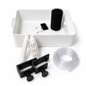 May include: A white rectangular aquarium filter box containing a black cylindrical sponge, a small black rectangular sponge, and a white star-shaped knob. Included are two white plastic intake tubes, two black mounting clamps, and a clear plastic hose.