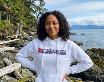 Sudadera con capucha estampada de la isla de Vancouver, jersey de recuerdo de viaje a Canadá, regalo para mujer en color blanco roto, Columbia Británica