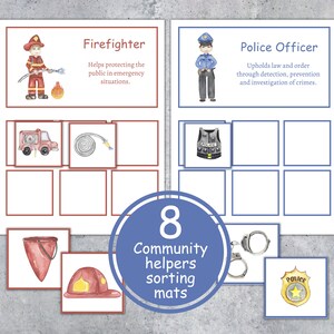 May include: Educational sorting mats featuring community helpers. The mats include illustrations of a firefighter and a police officer, along with related objects. The text reads "Firefighter" and "Police Officer" with descriptions. A blue circle displays "8 Community helpers sorting mats".