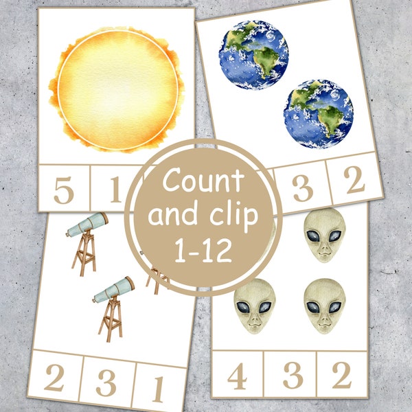 OUTER SPACE Count and Clip Cards, 1 to 12 counting, Toddler Preschool Activity, Instant Download