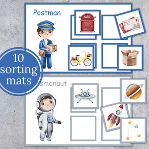 May include: Watercolor sorting mats featuring a postman, mail, a yellow bicycle, and a brown box. The mats also include an astronaut, a UFO, a planet, a rocket, and stars. The text "10 sorting mats" is displayed in a blue circle.