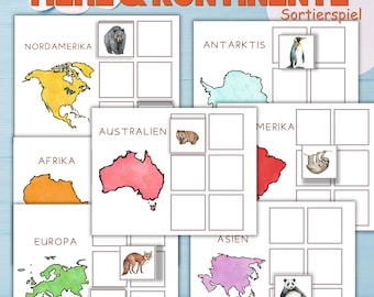 Kontinente & Tiere Bildkarten, Montessori Sortierspiel, Kleinkind Lernspiel. SOFORTIGER DOWNLOAD