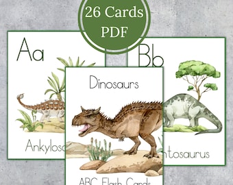 Dinosaur alphabet flashcards. Watercolor letter cards. Kids printable.
