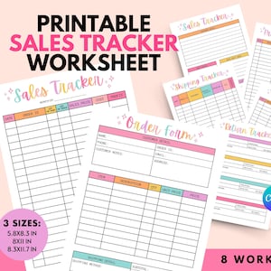 May include: Printable sales tracker worksheet set with eight different templates. The worksheets include sales, shipping, and order trackers, as well as product inventory and return trackers. The set is available in three sizes: 5.8x8.3 in, 8x11 in, and 8.3x11.7 in.