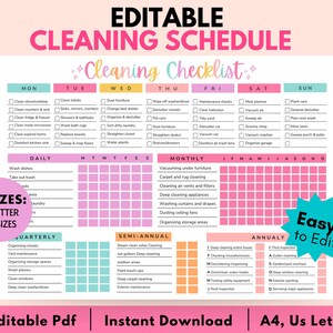 May include: A printable cleaning schedule checklist with a pink, blue, and yellow color scheme. The checklist is divided into daily, weekly, monthly, quarterly, semi-annual, and annual tasks. The checklist includes tasks such as cleaning the stovetop, vacuuming, dusting, and organizing. The text "Easy to Edit" is highlighted in a teal starburst.
