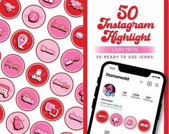 50 Lash Tech Instagram Highlight Cover Templates | Light Pink & Red Highlight Icons | Lash Tech Branding | Canva Templates