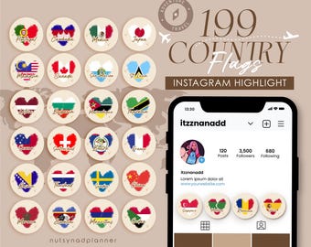 199 Country Flags Instagram Travel Highlight Cover | 199 Countries and Islands Flags on a Warm Neutral Background for Instagram Stories