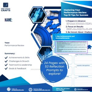 Puede incluir: Una plantilla de evaluación de desempeño azul y blanca con el título "Dominar su evaluación de desempeño: 10 consejos principales para el éxito". La plantilla incluye secciones para logros clave, desafíos y objetivos. También incluye 24 páginas con 53 indicaciones de reflexión para explorar.