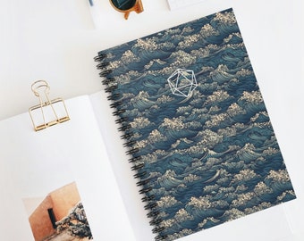 May include: A blue and white spiral notebook with a repeating pattern of waves and a white geometric shape in the center.