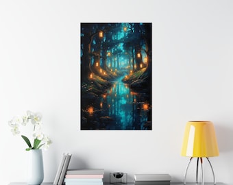 May include: A digital painting of a magical forest path with a stream running through it. The trees are dark and the water is a vibrant blue. There are glowing lanterns hanging from the branches of the trees, casting a warm light on the scene.