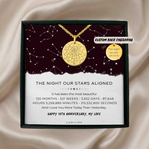 Könnte beinhalten: Goldfarbene Halskette mit rundem Anhänger, der eine Sternenkarte zeigt, präsentiert in einer schwarzen Schachtel. Die Schachtel trägt den weißen Text "THE NIGHT OUR STARS ALIGNED" und "HAPPY 10TH ANNIVERSARY, MY LOVE". Ein kleinerer Anhänger ist mit "The night we met 04.19.15" graviert.