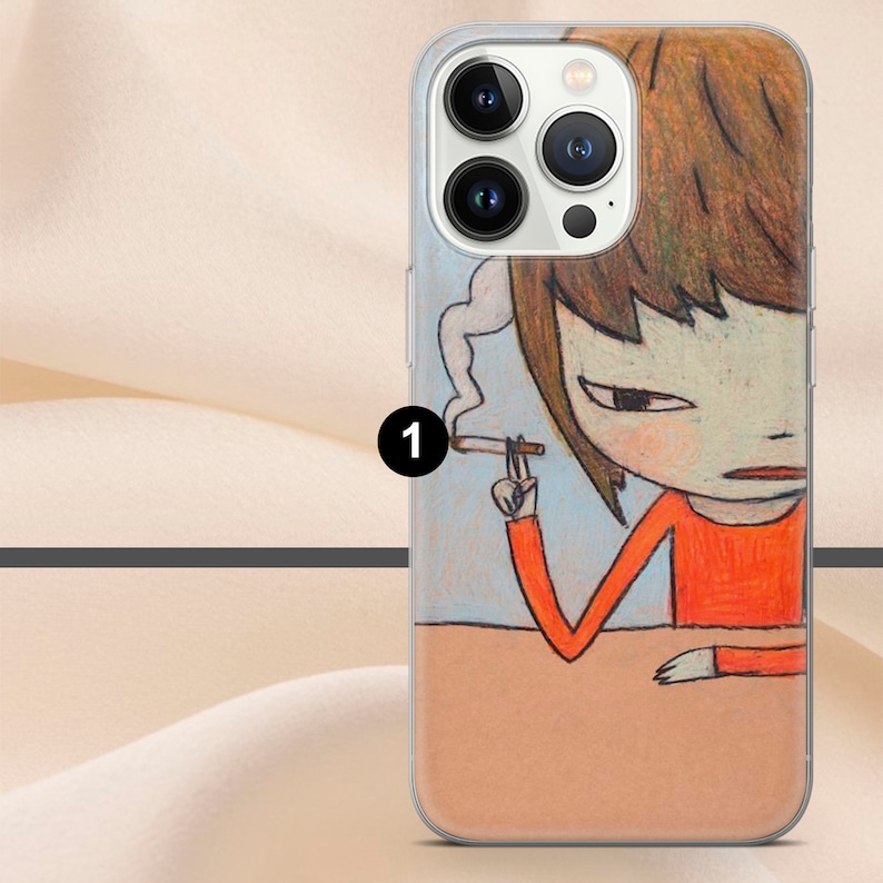 May include: A clear phone case with a colorful illustration of a person with brown hair smoking a cigarette. The person is wearing a red shirt and is sitting at a table. The case has a white border around the illustration.