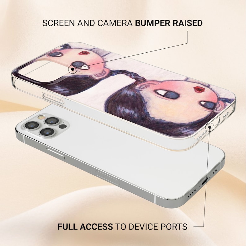 May include: A clear phone case with a raised edge around the camera and screen. The case features a colorful illustration of two girls with pigtails. The text "SCREEN AND CAMERA BUMPER RAISED" is at the top of the image. The text "FULL ACCESS TO DEVICE PORTS" is at the bottom of the image.