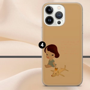 May include: A clear phone case with a tan background. The case features a cartoon illustration of a girl with brown hair and a blue dress sitting next to a yellow dog with a crown. The text "what's not being said is most likely still being felt" is printed on the case.