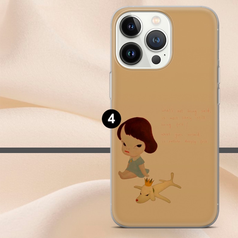 May include: A clear phone case with a tan background. The case features a cartoon illustration of a girl with brown hair and a blue dress sitting next to a yellow dog with a crown. The text "what's not being said is most likely still being felt" is printed on the case.